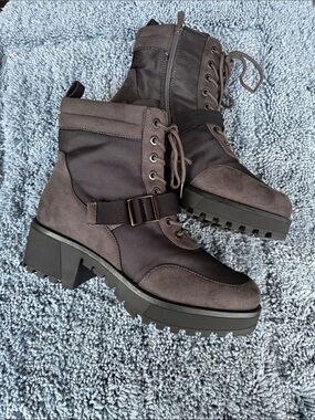 Women's Charcoal Lace-Up Combat Boots with Buckle Strap
